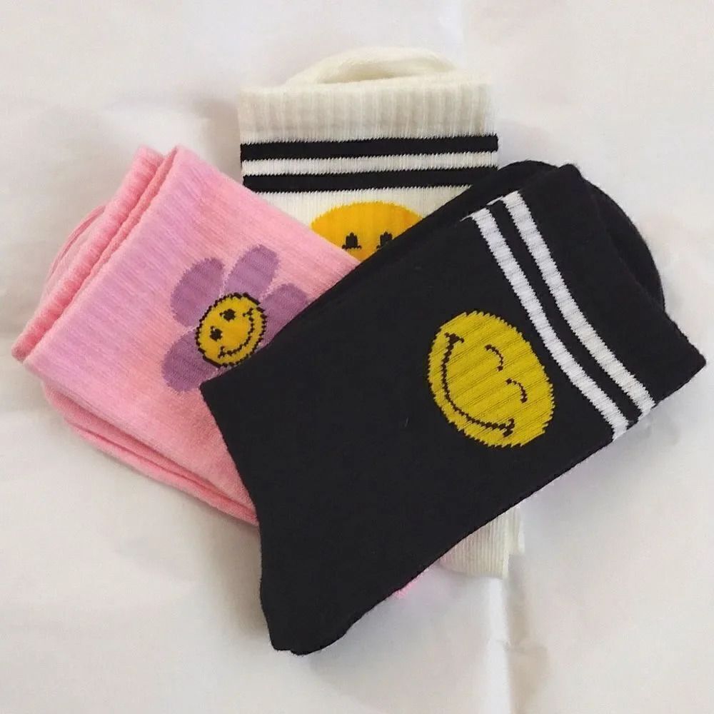 Smiley World 3 Pairs Girl's Crew Socks NWOT Pink White Black Girly Floral